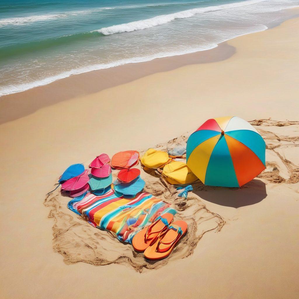 A vibrant beach scene showcasing a diverse group of people in stylish beach attire, including swimsuits, sarongs, and hats, set against a backdrop of golden sand and turquoise waves. Incorporate beach accessories like sunglasses, flip-flops, and umbrellas to highlight summer adventure vibes. Add elements of fun, like a beach ball and surfboards, to create an energetic atmosphere. Bright, cheerful colors should dominate the image, evoking a sense of summer joy. super-realistic. vibrant colors.