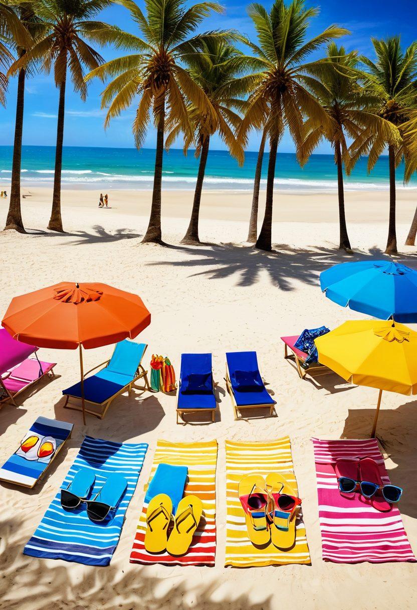 A vibrant beach scene showcasing a diverse group of people wearing stylish and essential beachwear, including colorful swimsuits, sarongs, and sun hats. The sun is shining brightly, casting a warm glow over the sandy beach, with palm trees swaying in the background and beach towels scattered around. Include playful beach accessories like sunglasses and flip-flops, enhancing the sunny getaway vibe. bright colors. tropical style. super-realistic.
